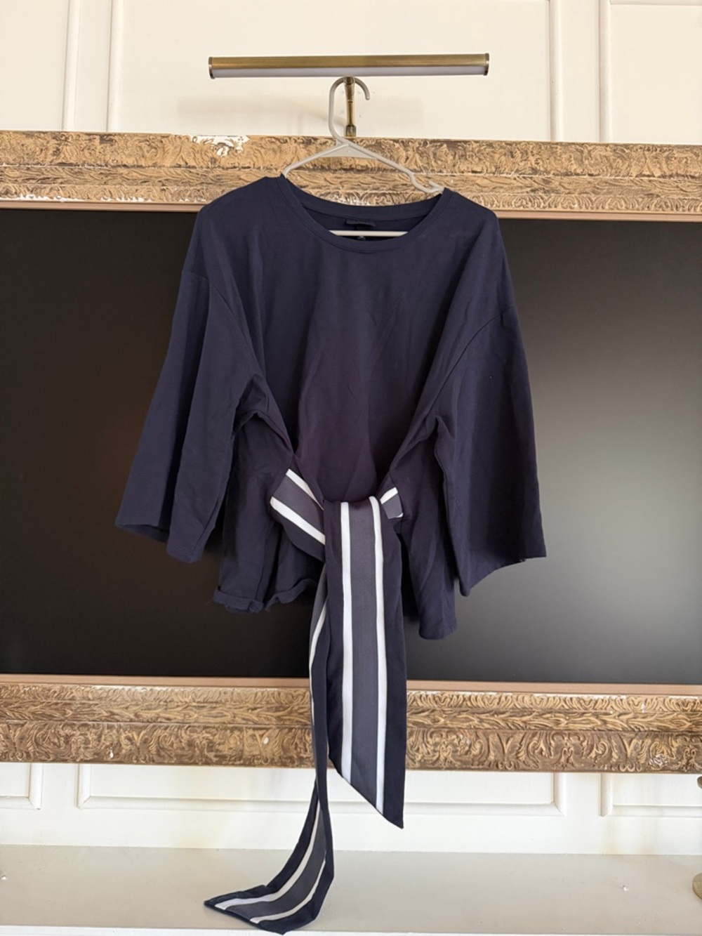 Who What Wear Navy Blue Short Sleeve Tee with Striped Waist Tie